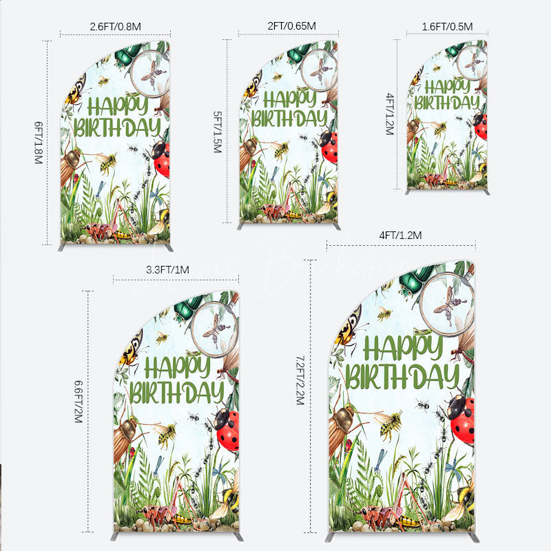 Lofaris Bug Themed Happy Birthday Half Moon Arch Backdrop Insect Explorer with Magnifying Glass Kids Garden Party Decor