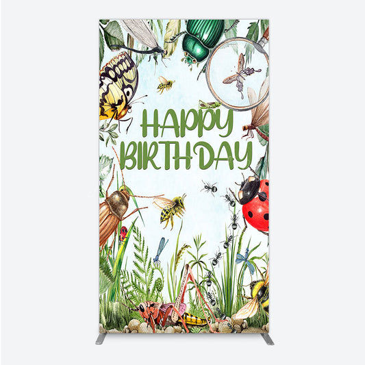 Lofaris Bug Themed Happy Birthday Rectangle Backdrop Insect Explorer with Magnifying Glass Kids Garden Party Decor