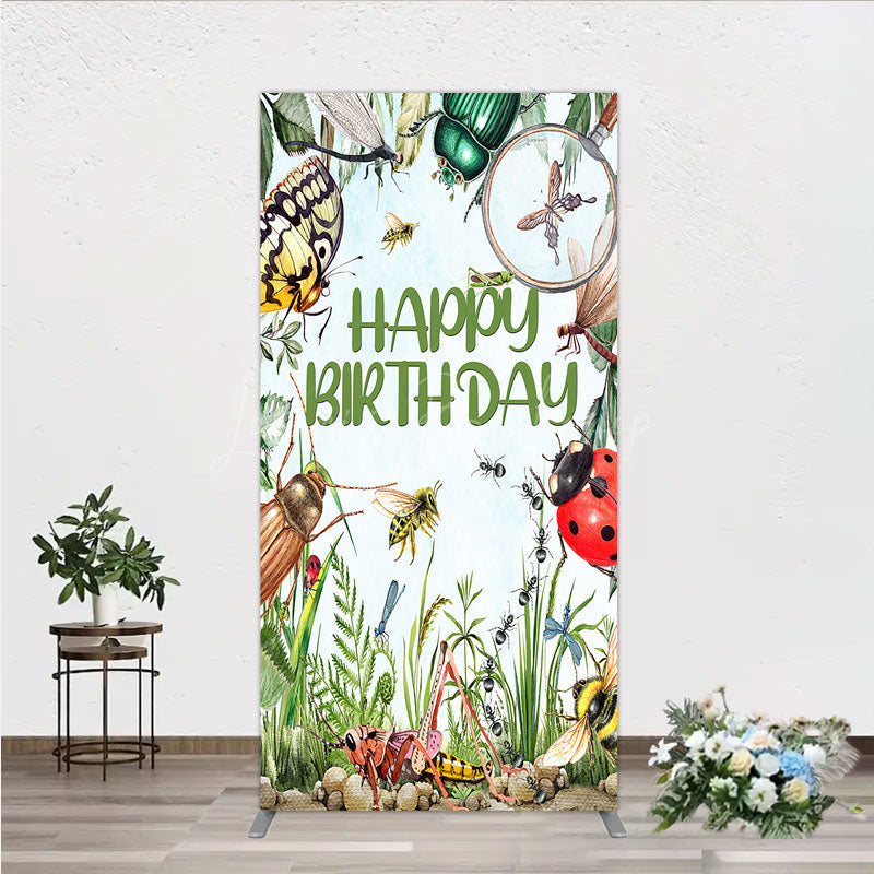 Lofaris Bug Themed Happy Birthday Rectangle Backdrop Insect Explorer with Magnifying Glass Kids Garden Party Decor