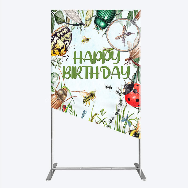 Lofaris Bug Themed Happy Birthday Rectangle Backdrop Insect Explorer with Magnifying Glass Kids Garden Party Decor