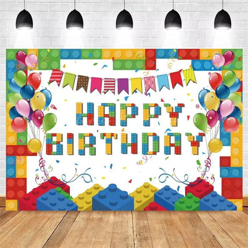 Lofaris Building Blocks Happy Birthday Backdrop Colorful Bricks Print for Kids Party Construction Toy Photo Booth Decor