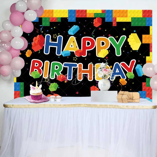 Lofaris Building Blocks Happy Birthday Backdrop Colorful Bricks Theme Party Background Kids Celebration Props