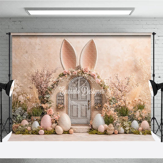 Lofaris Bunny Ear House Easter Photography Backdrop Pastel Eggs and Spring Floral Decor Studio Background
