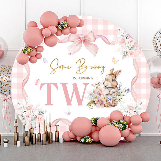 Lofaris Bunny Floral Pink Plaid Round 2nd Birthday Backdrop