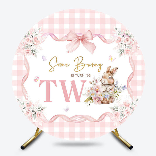 Lofaris Bunny Floral Pink Plaid Round 2nd Birthday Backdrop