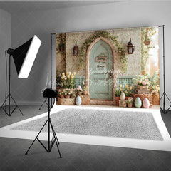 Lofaris Bunny House Green Door Easter Photography Backdrop Spring Floral Arch and Tulips Studio Background