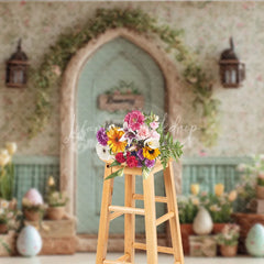 Lofaris Bunny House Green Door Easter Photography Backdrop Spring Floral Arch and Tulips Studio Background