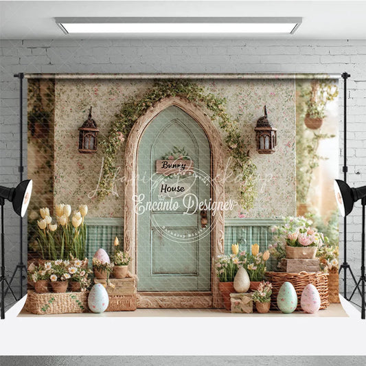 Lofaris Bunny House Green Door Easter Photography Backdrop Spring Floral Arch and Tulips Studio Background