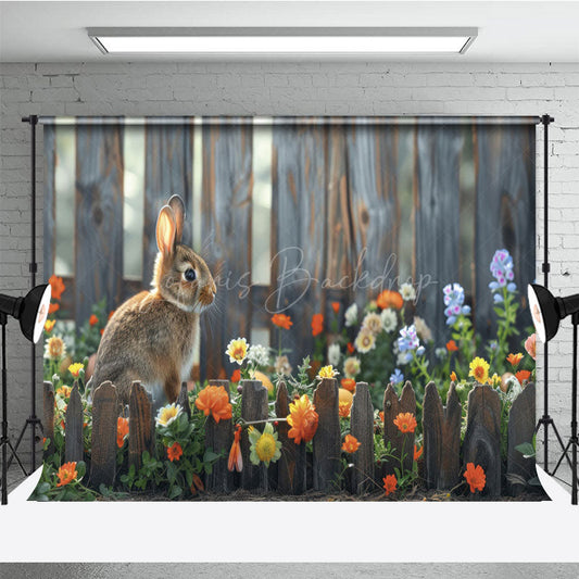 Lofaris Bunny With Fence Garden Floral Bokeh Easter Backdrop