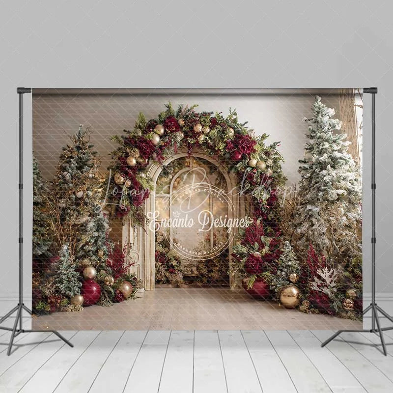 Lofaris Burgundy Floral Window Backdrop White Arch Gold Ornament Photography Background