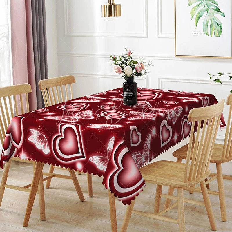 Lofaris Burgundy Red Glowing Heart Butterfly Rectangle Tablecloth Deep Neon Light Effect Passionate Dining Decor