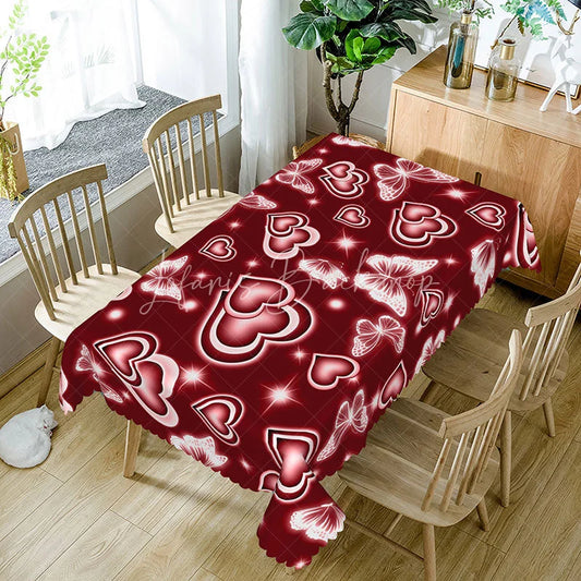 Lofaris Burgundy Red Glowing Heart Butterfly Rectangle Tablecloth Deep Neon Light Effect Passionate Dining Decor