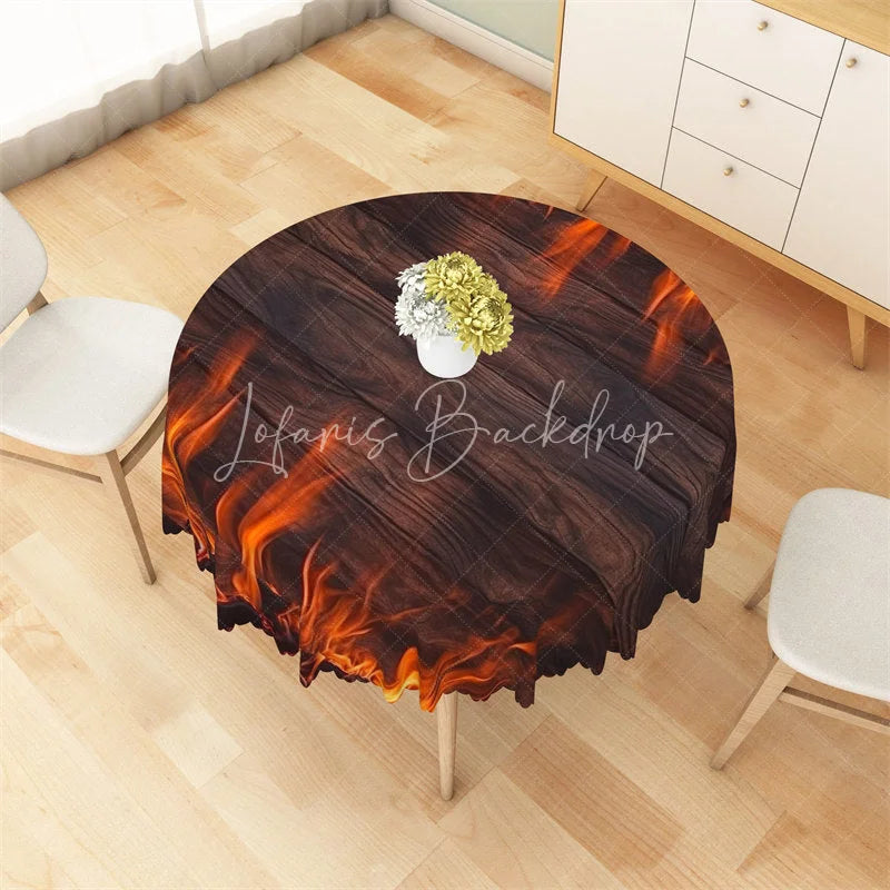 Lofaris Burning Fire Wooden Round Tablecloth Rustic Flame Campfire Table Cover for Outdoor Party