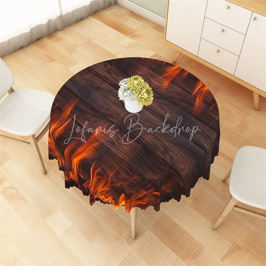 Lofaris Burning Fire Wooden Round Tablecloth Rustic Flame Campfire Table Cover for Outdoor Party