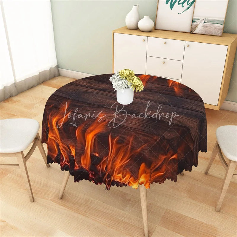 Lofaris Burning Fire Wooden Round Tablecloth Rustic Flame Campfire Table Cover for Outdoor Party