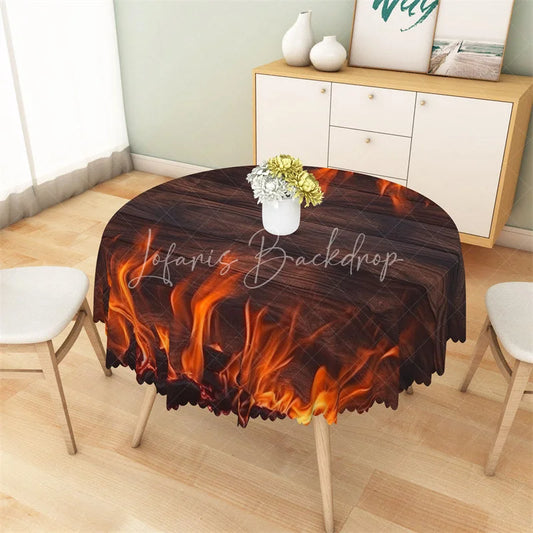 Lofaris Burning Fire Wooden Round Tablecloth Rustic Flame Campfire Table Cover for Outdoor Party