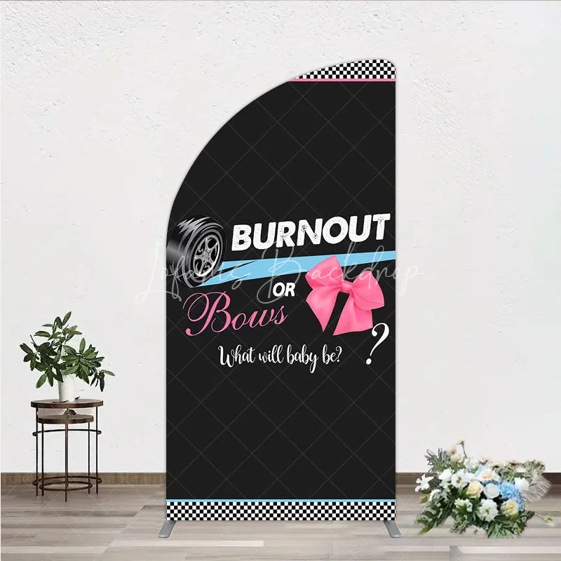 Lofaris Burnout or Bows Gender Reveal Half Moon Arch Backdrop What Will Baby Be Racing and Shower Background