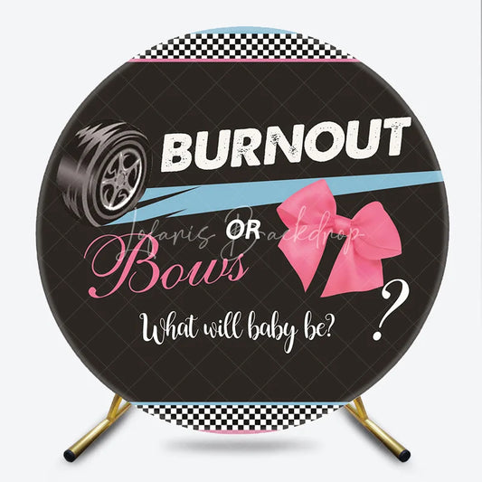 Lofaris Burnout or Bows Gender Reveal Round Backdrop Racing Car and Pink Bow Baby Shower Party Decoration