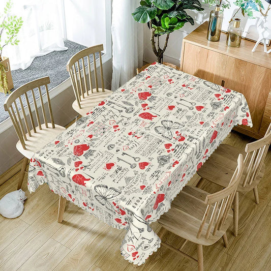 Lofaris Butterfly and Heart Script Rectangle Tablecloth Vintage Love Letter Pattern Romantic Kitchen Decor