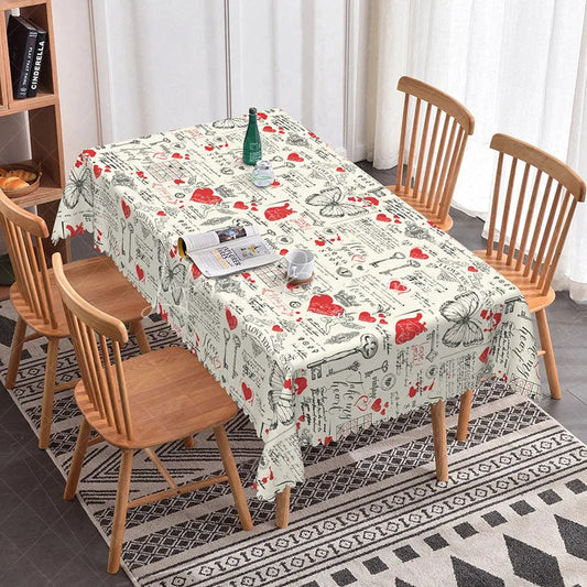 Lofaris Butterfly and Heart Script Rectangle Tablecloth Vintage Love Letter Pattern Romantic Kitchen Decor