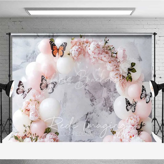 Lofaris Butterfly Balloon Arch Photography Backdrop Pink Flowers White Balloons Photo Background Princess Birthday Prop
