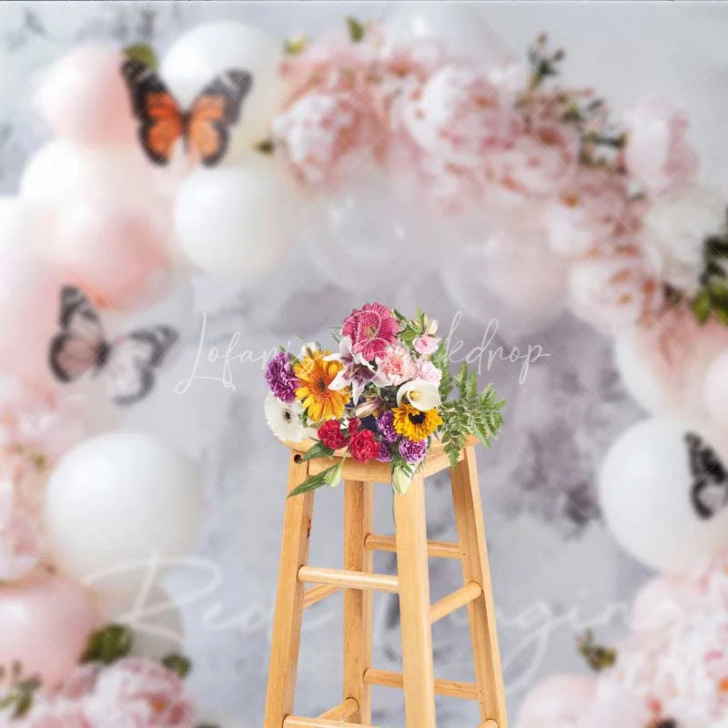 Lofaris Butterfly Balloon Arch Photography Backdrop Pink Flowers White Balloons Photo Background Princess Birthday Prop