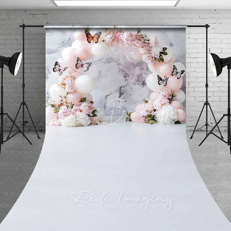 Lofaris Butterfly Balloon Arch Sweep Backdrop Clean White Marble Photography Floor Mat Princess Birthday Decoration