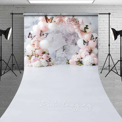 Lofaris Butterfly Balloon Arch Sweep Backdrop Clean White Marble Photography Floor Mat Princess Birthday Decoration