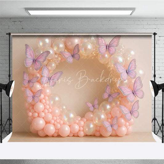 Lofaris Butterfly Balloon Wreath Photography Backdrop Pink and Iridescent Balloons for Birthday Cake Smash Photo Booth
