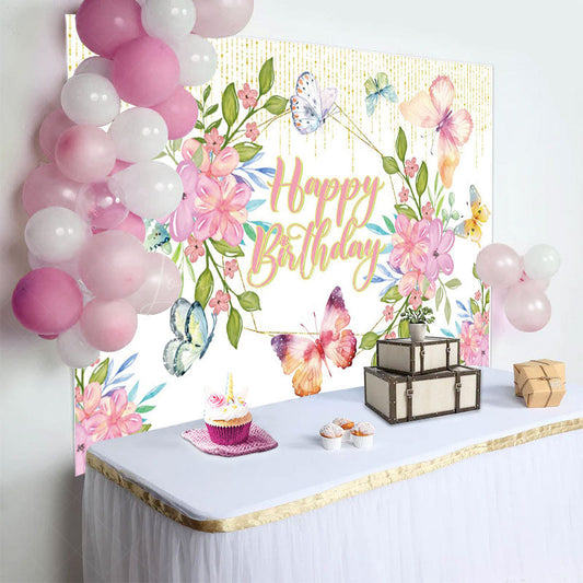 Lofaris Butterfly Flowers Glitter Happy Birthday Backdrop