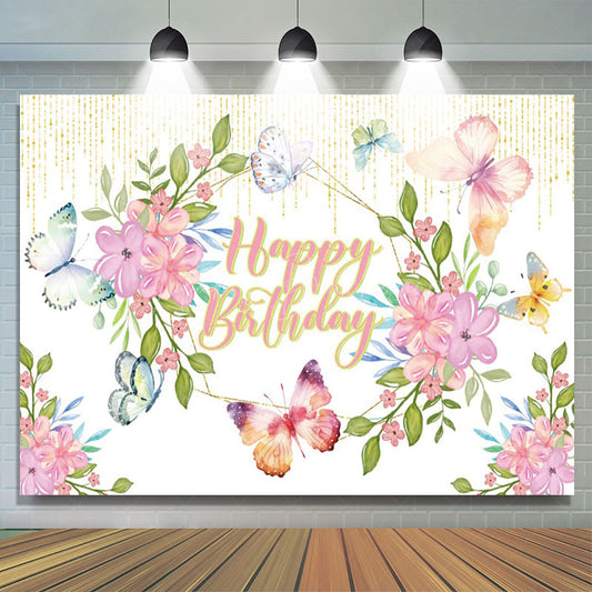 Lofaris Butterfly Flowers Glitter Happy Birthday Backdrop