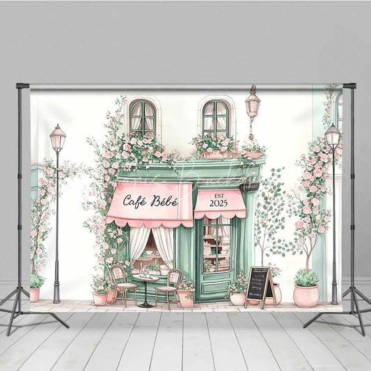 Lofaris Cafe Bebe French Storefront Backdrop Romantic Pink Rose Street Scene Party Banner