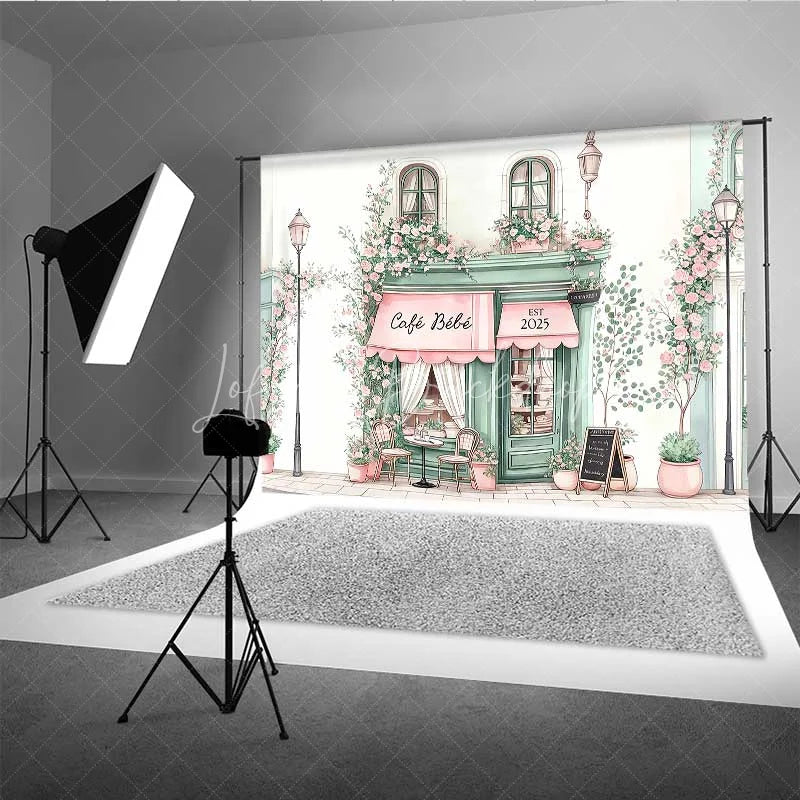 Lofaris Cafe Bebe French Storefront Backdrop Romantic Pink Rose Street Scene Party Banner