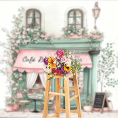 Lofaris Cafe Bebe French Storefront Backdrop Romantic Pink Rose Street Scene Party Banner