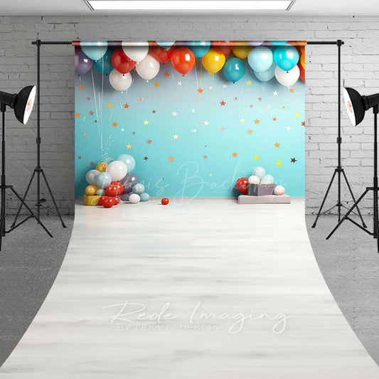 Lofaris Cake Smash Sweep Photography Backdrop with Colorful Balloons and Stars Teal Wall Light Wood Floor Studio Photo Prop