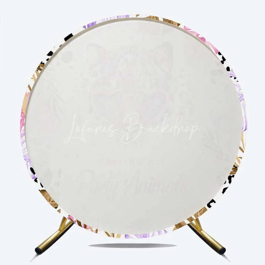 Lofaris Calling All Party Animals Round Backdrop Leopard with Heart Glasses and Tropical Leaves Background