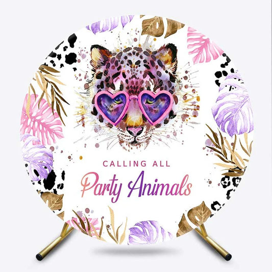 Lofaris Calling All Party Animals Round Backdrop Leopard with Heart Glasses and Tropical Leaves Background