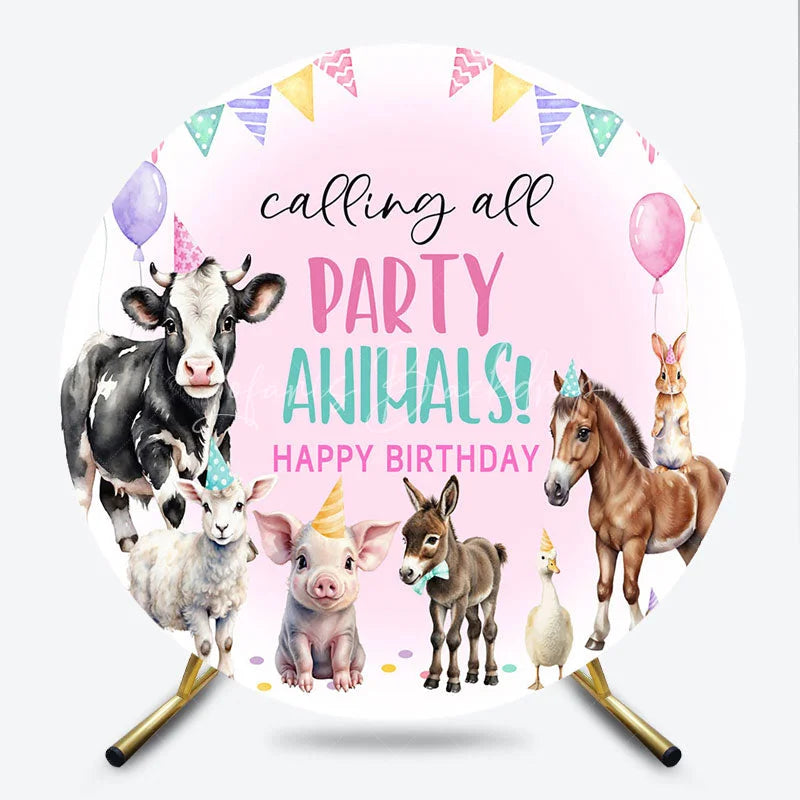 Lofaris Calling All Party Animals Round Backdrop Watercolor Farm Birthday Barnyard Photo Booth Decor for Kids