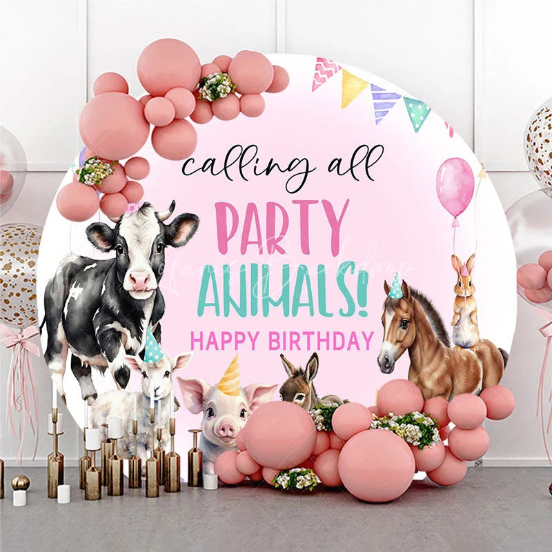 Lofaris Calling All Party Animals Round Backdrop Watercolor Farm Birthday Barnyard Photo Booth Decor for Kids