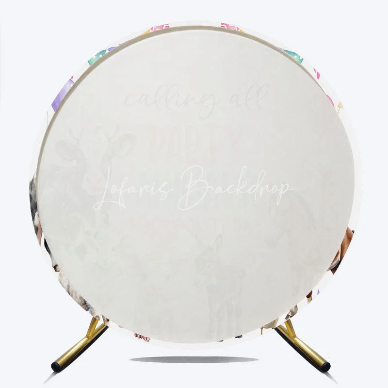 Lofaris Calling All Party Animals Round Backdrop Watercolor Farm Birthday Barnyard Photo Booth Decor for Kids