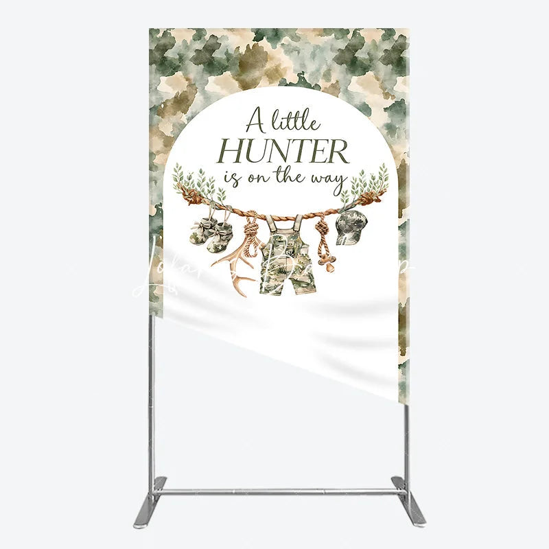 Lofaris Camouflage Woodland Hunter Theme Baby Shower Rectangle Arch Backdrop featuring Overalls and Antlers Decor