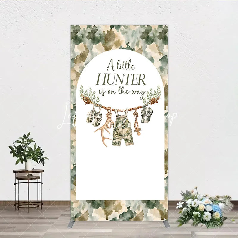 Lofaris Camouflage Woodland Hunter Theme Baby Shower Rectangle Arch Backdrop featuring Overalls and Antlers Decor