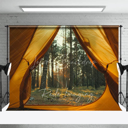 Lofaris Camping Tent View Forest Backdrop Sunlit Pine Trees and Wilderness Photography Background for Outdoor Adventure