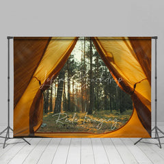 Lofaris Camping Tent View Forest Backdrop Sunlit Pine Trees and Wilderness Photography Background for Outdoor Adventure