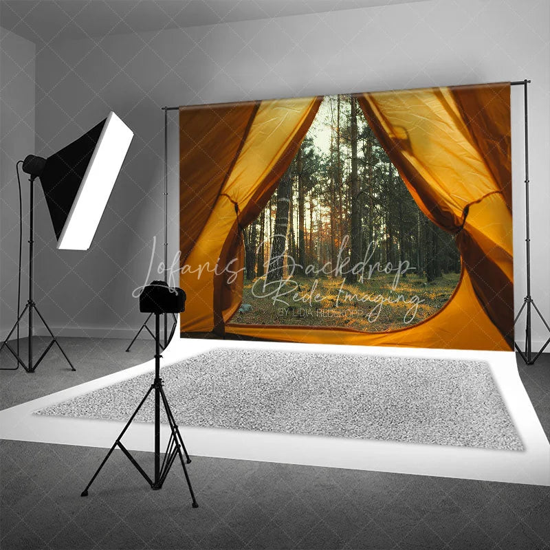Lofaris Camping Tent View Forest Backdrop Sunlit Pine Trees and Wilderness Photography Background for Outdoor Adventure