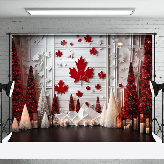 Lofaris Canadian Christmas Photography Backdrop Red Maple Leaf on White Wood Wall Winter Wonderland Holiday Photo Prop