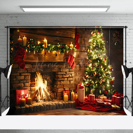 Lofaris Candlelit Brick Fireplace Socks Christmas Backdrop