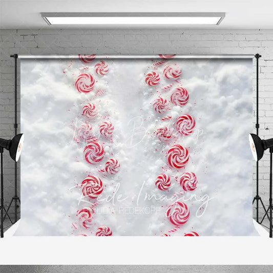 Lofaris Candy Cane Lane Backdrop Red White Peppermint Swirl Path Snowy Ground Top View Photo Background