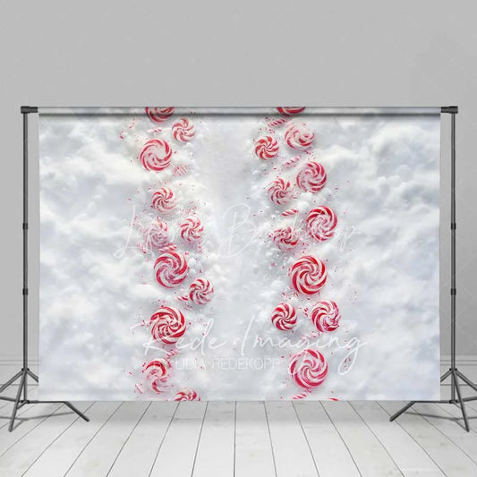 Lofaris Candy Cane Lane Backdrop Red White Peppermint Swirl Path Snowy Ground Top View Photo Background