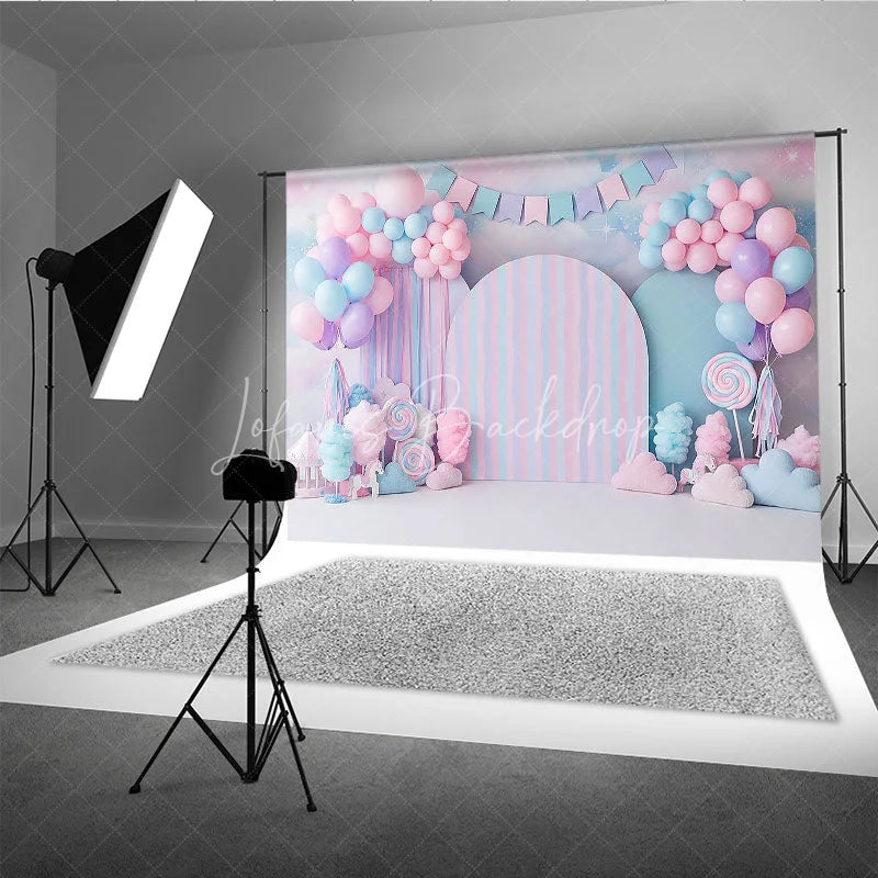 Lofaris Candy Land Backdrop Sweet Pink and Blue Cotton Lollipops Birthday Cake Smash Background